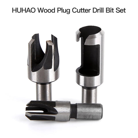 Close-up of Heavy Duty Wood Plug Cutter Drill Bit Set Four Piece Carbon Steel Titanium Coated straight cutters for woodworking.