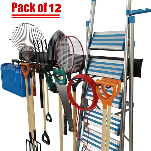 Heavy Duty Steel Garage Wall Mount Tool Organizer With 8 Mixed Hooks Up To 800 Lbs holding various tools and ladder