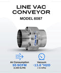 No Hassle Industrial Line Vac Pump Moves Scrap Parts And Bulk Material Fast With Straight 4 Inch Hose Connection High Output Pneumatic Vacuum Generator Model 6087 with aluminum body.