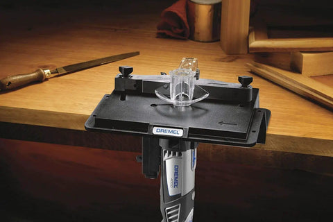 Portable Rotary Tool Shaper And Router Table Attachment For Woodworking on workbench, showing 8x6 worktable and adjustable fence