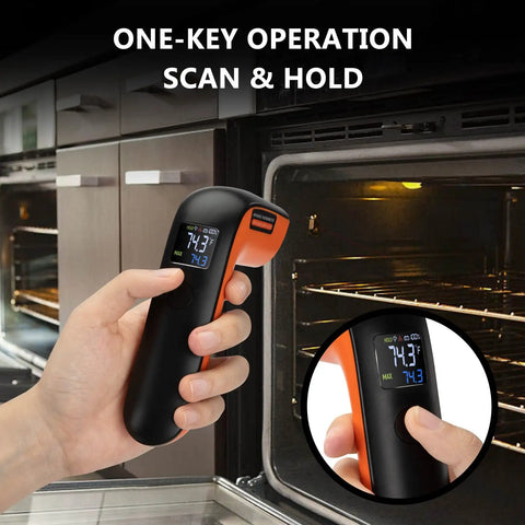 Person using Rechargeable Infrared Thermometer Gun For Cooking With Backlit Display And Go-To Digital Temp Tool For -58F To 1022F Range Perfect For Pizza Oven Grill Kitchen And Home Repairs With Max Hold in a kitchen to measure oven temperature