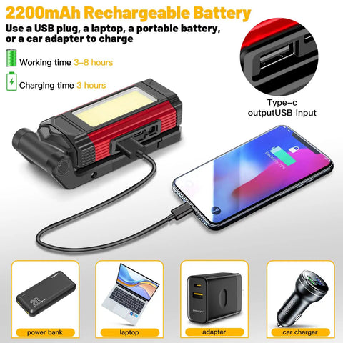 Rechargeable LED Magnetic Work Light 2 Pack With USB Charging, 2200mAh battery, USB connector, with phone attached for charging.
