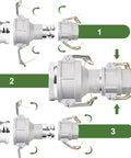 Kickass Industrial Grade Aluminum Camlock Fittings Type Da Reducer Adapter 3 Inch Female To 2 Inch Male Cam And Groove Hose Connector assembly process shown.