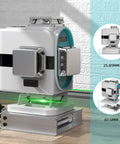 Self Leveling 4D Laser Level With 4X 360 Cross Lines Green Beam 197 Ft Range For Tiling And Ceiling Installations Includes 2 Li Ion Batteries Type C Charging IP54 360 Degree Magnetic Bracket, shown with dimensions.