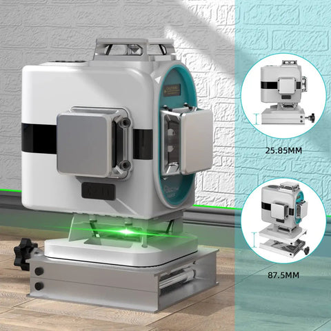 Self Leveling 4D Laser Level With 4X 360 Cross Lines Green Beam 197 Ft Range For Tiling And Ceiling Installations Includes 2 Li Ion Batteries Type C Charging IP54 360 Degree Magnetic Bracket, shown with dimensions.