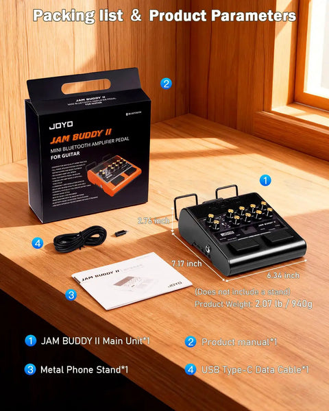 Palm Sized 10W Electric Guitar Amp And Multi Effects Pedal With Footswitch, 14 Amp Models, 3 Band EQ, packaging contents on table