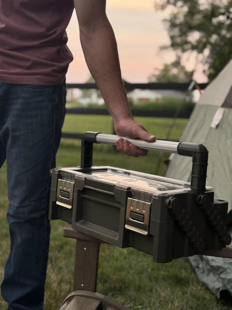 Person holding Olive Green Cantilever Tool Box Organizer with 18 Removable Bins, heavy duty metal latches, and clear lid
