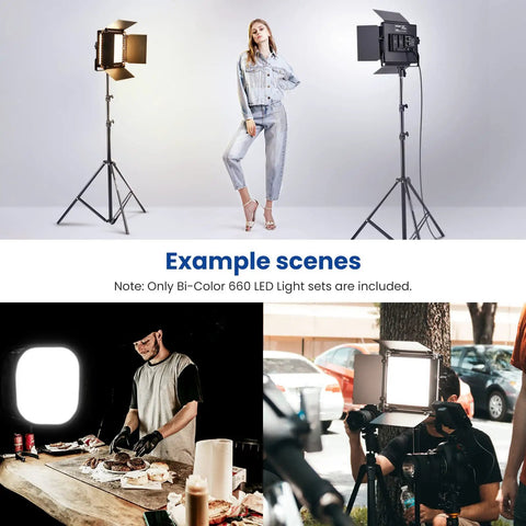 2 Pack Bi Color 660 LED Video Light Kit with stands for studio use dimmable 3200K to 5600K High CRI 96 plus U bracket in action