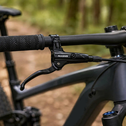 Close-up of a black heavy duty metal lever for Complete Hydraulic Disc Brake Conversion Kit For Mountain Bikes With Two Ventilated Steel Rotors.