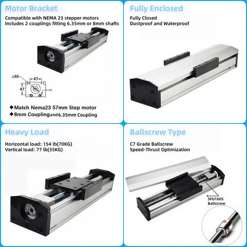 Fully Enclosed CNC Linear Stage Actuator With Dustproof Waterproof Double Slide Rails, Ballscrew Linear Guide Motion Table, Nema23 57mm Stepper Bracket, 4 Inch Stroke, 100mm Travel, 154 lb Heavy Duty Load Capacity, Plug And Play Kit with motor bracket and ballscrew