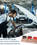 Mechanic using Copper Wire Lugs Assortment Kit With 130Pcs AWG 2 4 6 8 10 12 Battery Cable Ends in auto repair shop