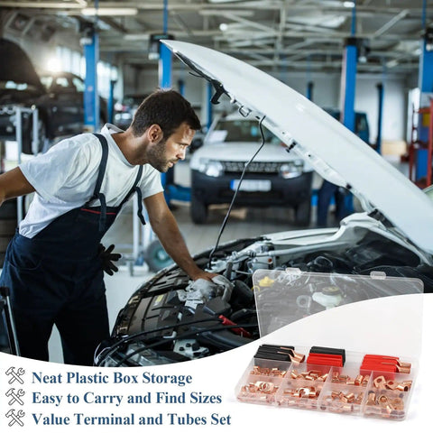 Mechanic using Copper Wire Lugs Assortment Kit With 130Pcs AWG 2 4 6 8 10 12 Battery Cable Ends in auto repair shop