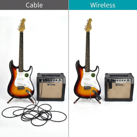 Comparison of guitar and amp setup with cable versus 5.8GHz Wireless Guitar System With Ultra Low Latency For Live Gigs, 50 Meter Range, 6 Hour Battery Life