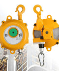 Retractable Tool Balancer With Self Locking Design, 1.5m Wire Rope, Heavy Duty Hook, Adjustable Hanging Retractor, 50-60kg Capacity, Aluminum Alloy Shell, Light Yet Tough Pro Grade Workshops; front and side views