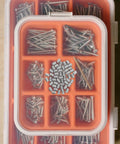 Lioobo Stainless Steel Dowel Pins Pack of 50 Smooth Finish Shelf Support Pegs in organizer with various screws.