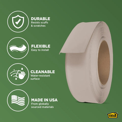Beige roll of 4 Inch By 120 Foot Dry Back Vinyl Wall Base With Toe Kick next to durability, flexibility, and cleanability features