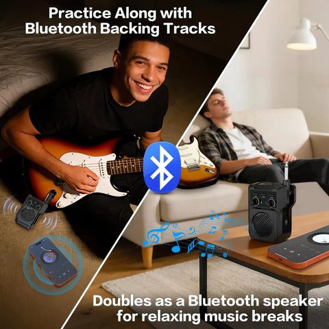 Two musicians with Pocket Sized 5W Mini Guitar Amp With Bluetooth And USB Playback Four Built In Effects Clean Overdrive Distortion Reverb Rechargeable