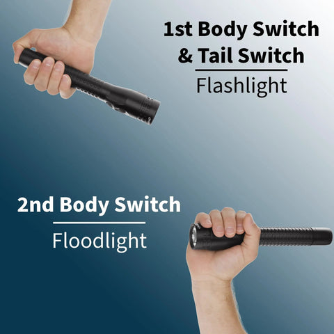 Xtreme Lumens Metal Dual Light LED Flashlight showing body and tail switch, held in hand, aircraft-grade aluminum