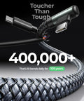 Right Angle USB A To USB C Car Cable 3.3 Ft 2 Pack Fast Charge durability illustration with nylon braiding and connector close-up.