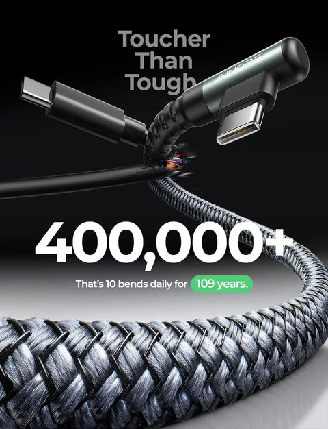 Right Angle USB A To USB C Car Cable 3.3 Ft 2 Pack Fast Charge durability illustration with nylon braiding and connector close-up.