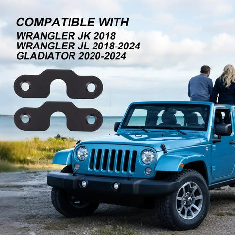 Wrangler Sun Visor Clip Repair Kit Aluminum Alloy Beefy Durable Build Pack Of 2 Black next to blue Jeep on a scenic road.