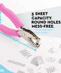 Metal Single Hole Punch For Paper And Crafts With Soft Grip Handles, Pink Quarter Inch Hole Puncher, shown with measurements and features
