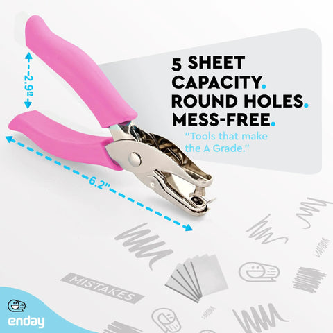 Metal Single Hole Punch For Paper And Crafts With Soft Grip Handles, Pink Quarter Inch Hole Puncher, shown with measurements and features