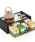 All In One Tea Bag Organizer With Drawers For Kitchen Countertop And Office Wooden Tea Station Storage With Divided Compartments Neatly Sort Herbal Green Black Fruit Teas And Loose Leaf Keeps Your Tea Bar Clutter Free with teapot and cups