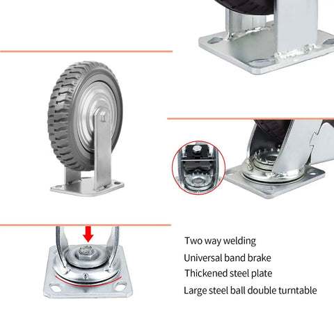 8 Inch Heavy Duty Rubber Caster Wheels Set Of 4 Anti Slip Swivel Casters With 360 Degree Ball Bearing Top Plate close-up