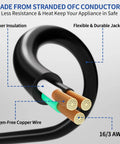 Cross-section of 16/3 AWG cable showing oxygen-free copper wires and insulation for 15 ft Outdoor Extension Cord With 3 Outlets Waterproof Grounded Power Strip That Is Plug And Play For Garden Patio And Camping 16/3 SJTW Heavy Duty Cable Delivers 13A 125V 1625W ETL Listed Black.