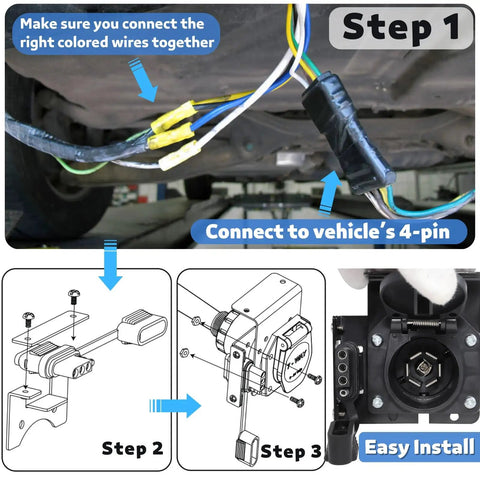 No Sweat Four Pin To Seven Pin RV Trailer Wiring Adapter With Dual Output Flat Harness installation steps and wiring connections.