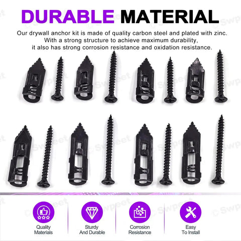 DIY 201-Piece Drywall Self-Drilling Anchors And Screws Kit, zinc plated black, shown with 4 sizes for TV mounts and fixtures