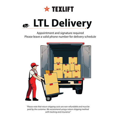LTL Delivery notice with delivery schedule requirements near loaded delivery truck image.