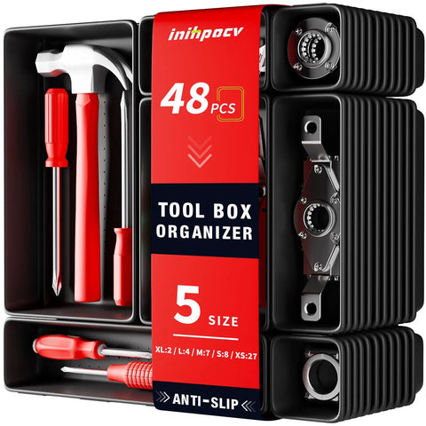 48 Piece Tool Box Organizer Tray Set With 5 Sizes, Drawer Dividers And Non Slip EVA Pads, Keeps Garage Drawers Neat