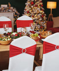 Red Spandex Chair Sashes 30 Pack Premium Stretch Bows With Buckle Slider on white chairs, decorated table for weddings