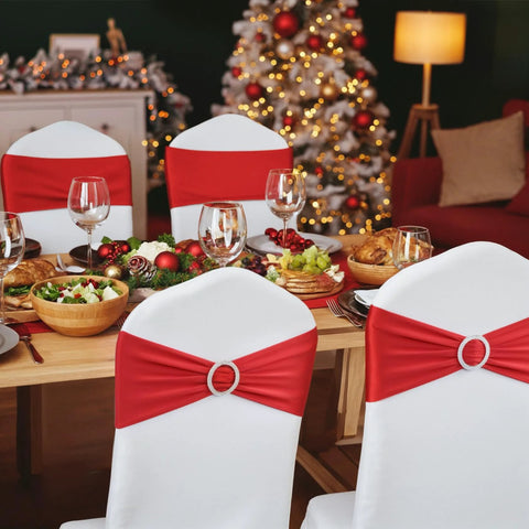 Red Spandex Chair Sashes 30 Pack Premium Stretch Bows With Buckle Slider on white chairs, decorated table for weddings