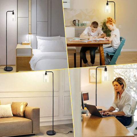 Lit Industrial Floor Lamp In Black And Gold With Clear Glass Shade Dimmable Modern Standing Lamp Remote And Foot Control 6W LED Edison Bulb Bright Corner Light For Living Room Bedroom And Office in various room settings