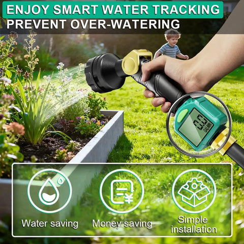 Water Flow Meter With 180 Degree Flip Screen For Outdoor Garden Hose RV And Irrigation being used on garden plants, waterproof LCD