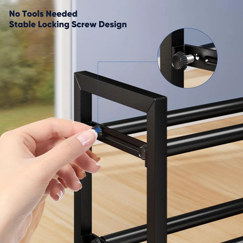 Person adjusting stable locking screw on Two Tier Expandable Shoe Rack That Grows From 17 To 33 Inches, Heavy Duty Metal Shoes Organizer.