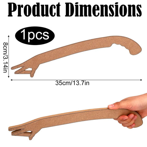 Hand Shaped Table Saw Push Stick Safety Block With Missing Finger Design shown with dimensions in hand, made of MDF