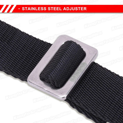 Close-up of black Front Fork Pull Sling Leash strap with stainless steel adjuster for Motocross and Enduro Recovery Gear.