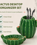 Cactus Desk Organizer Set With Ceramic Pen Holder And Paper Clip Holder For Women on desk, featuring unique design and premium ceramic.