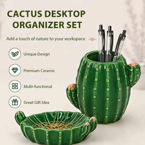 Cactus Desk Organizer Set With Ceramic Pen Holder And Paper Clip Holder For Women on desk, featuring unique design and premium ceramic.