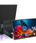 Portable 16 Inch Monitor With 1920x1200 FHD Display, 100 Percent SRGB, front view with colorful butterfly screen and external speaker