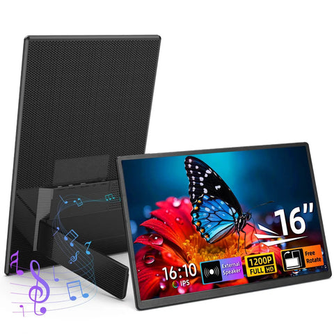 Portable 16 Inch Monitor With 1920x1200 FHD Display, 100 Percent SRGB, front view with colorful butterfly screen and external speaker