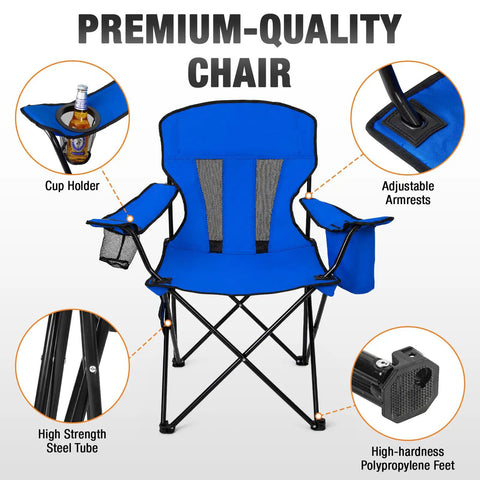 Two Pack Heavy Duty Folding Camping Chairs With 4 Can Cooler Bag And Cup Holder, Breathable Mesh Back, adjustable armrests