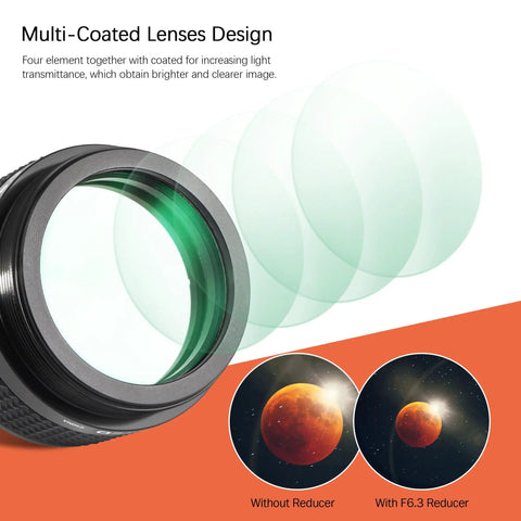 Multi-coated lens design of Focal Reducer F6.3 For C Series Schmidt-Cassegrain Telescopes with comparison image of skywatching effect.