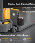 ApolloLift Heavy Duty Electric Pallet Jack 4400 Lb Capacity With 48 X 27 Forks showing lithium battery and charging features for warehouse use.