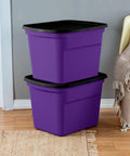Hella Spacious 18 Gallon Storage Tote With Snug Snap Lid, Stackable Plastic Bins For No Sweat Closet Organization, Durable Handle Grips, Opaque Purple Build, 16 Piece Set stacked on hardwood floor.
