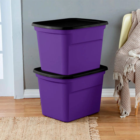 Hella Spacious 18 Gallon Storage Tote With Snug Snap Lid, Stackable Plastic Bins For No Sweat Closet Organization, Durable Handle Grips, Opaque Purple Build, 16 Piece Set stacked on hardwood floor.